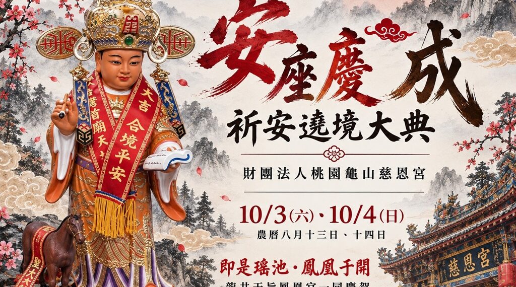 台中龙井天旨凤凰宫贵人星君受邀参与财团法人桃园龟山慈恩宫10月3日新庙祈安遶境，并由执事团队随行护驾，共同走入这场属于神明与地方的年度盛事。