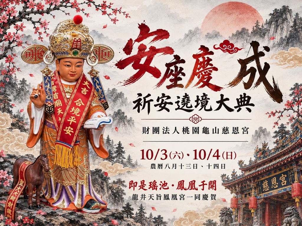 台中龍井天旨鳳凰宮貴人星君受邀參與財團法人桃園龜山慈恩宮10月3日新廟祈安鄔境,並由執事團隊隨行護駕,共同走入這場屬於神明與地方的年度盛事。